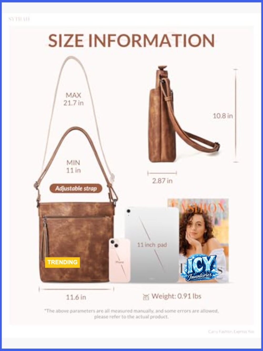 Vegan Leather Crossbody Bag with Tassel Adjustable Shoulder Purse - Picture 5 of 7